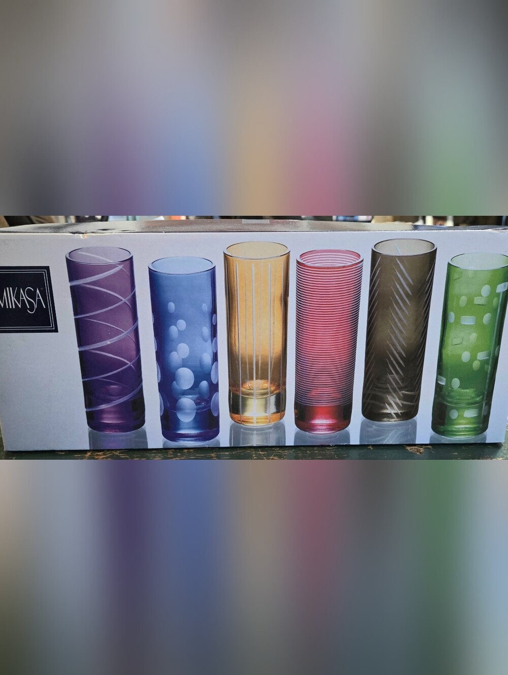 Mikasa Cheers Mix Vintage Set of 6 Multicolor Etched Cordial Glasses NEW IN BOX